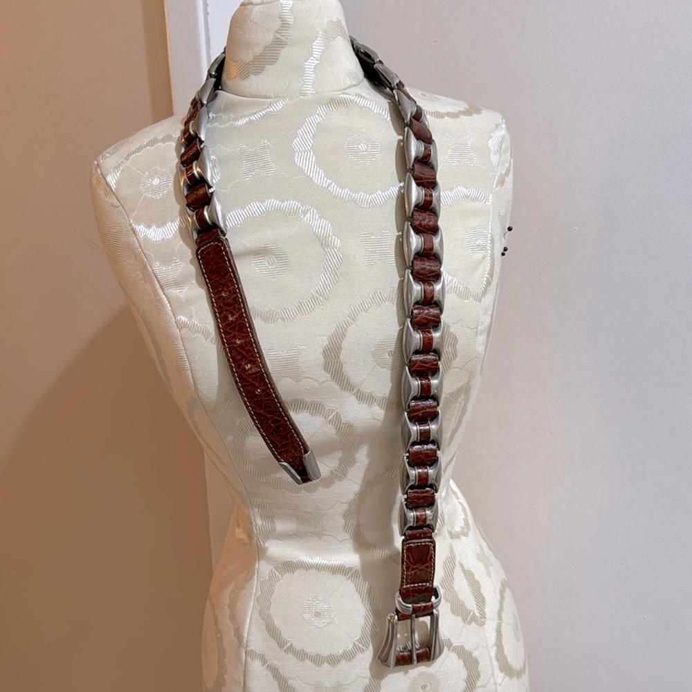 Vintage Leather Brown Unique Silvertone Embellished Woven Heavy Belt